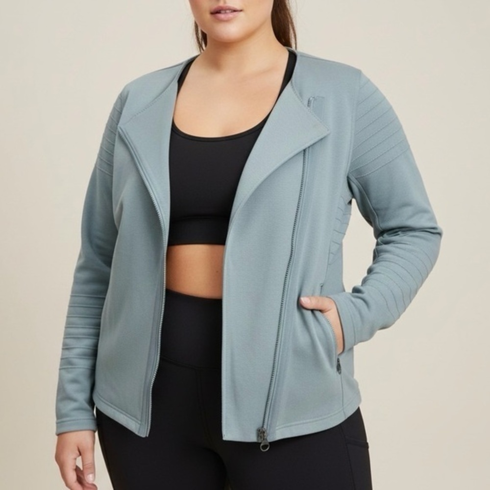 ATHLETA Moto Jacket Asymmetrical Zip Ribbed Sleeve 3X Minimalist Gray Blue